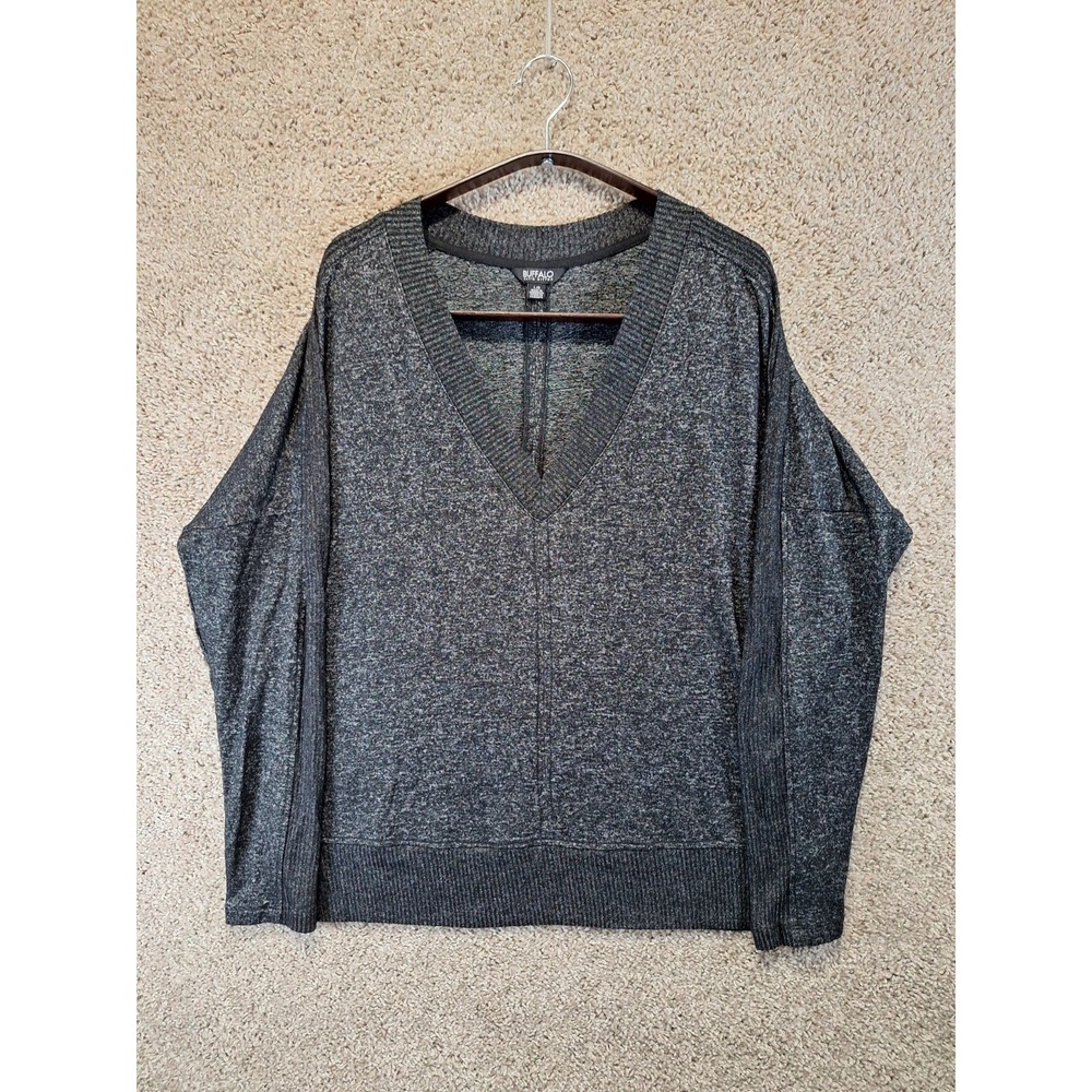 Buffalo David Bitton Sweater Women's Large Gray Ribbed Trim Long Sleeve V Neck